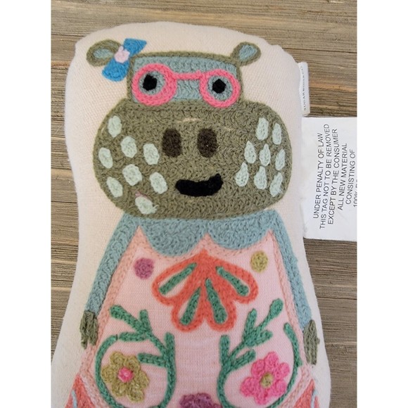 Sugarboo & Co. Embroidered Funky Hippo Pillow 10×6 Boutique Linen Folk Art Whims - Picture 2 of 9